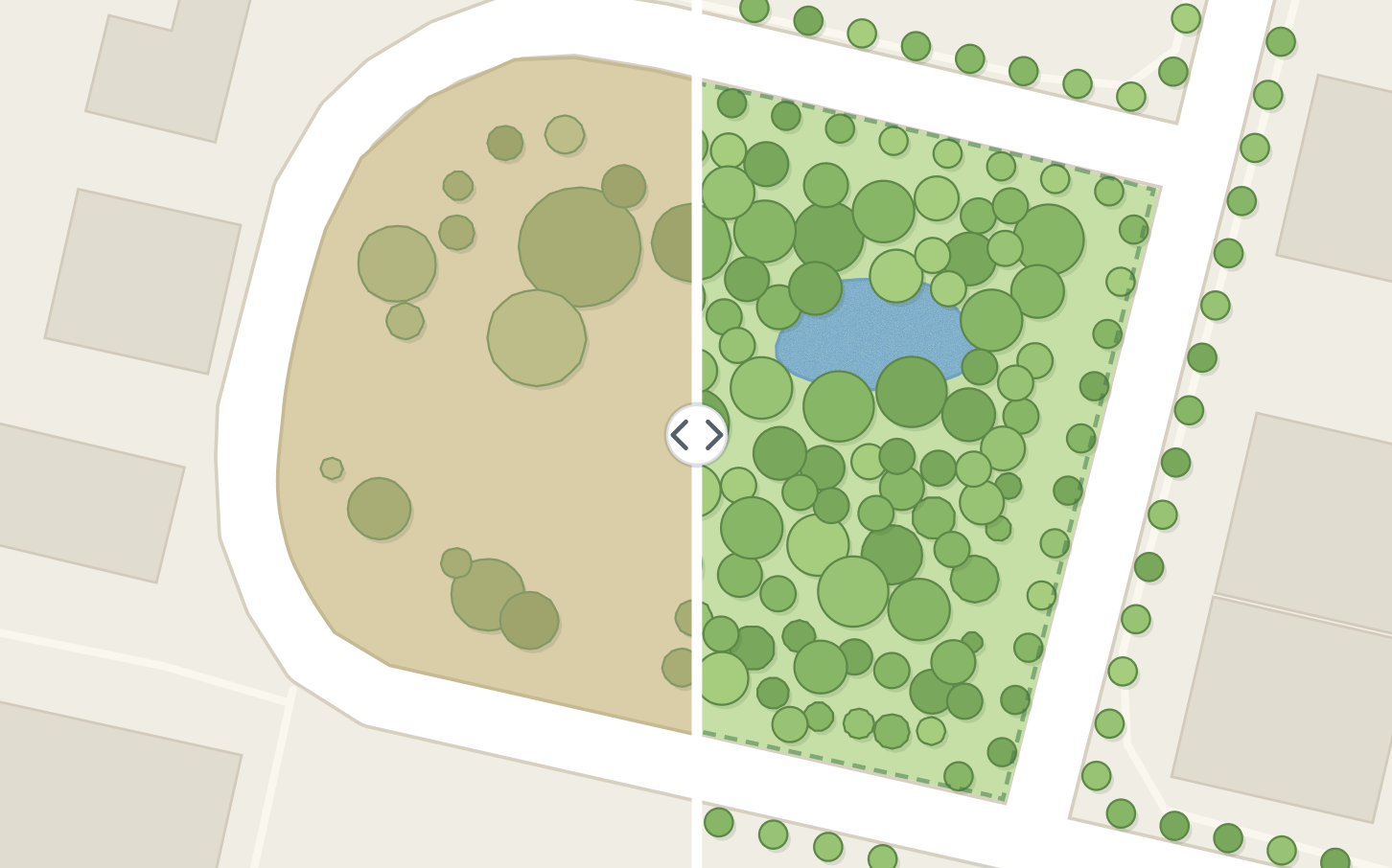 A park from above: before, dry with few trees; after, greener with more trees and water